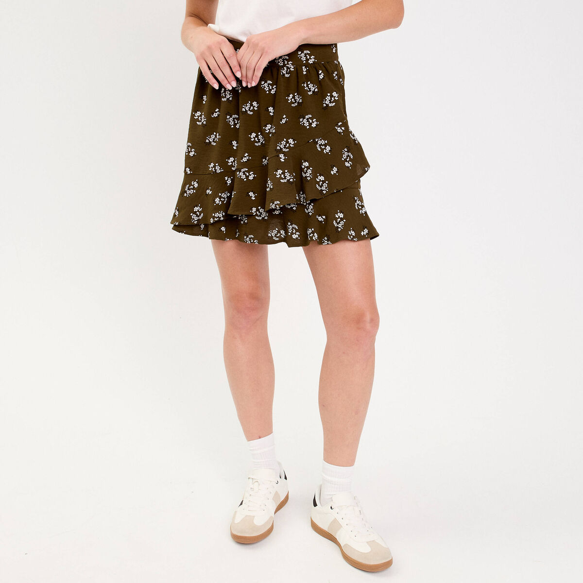 jupe courte &eacute;vas&eacute;e doublure recycl&eacute;e vert kaki femme