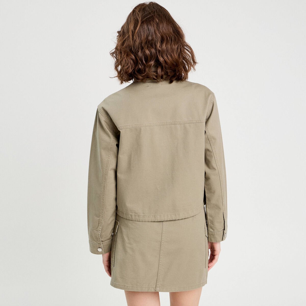 Veste droite col montant vert kaki femme