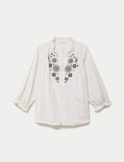 Blouse ample broderie manches 3/4 blanc femme