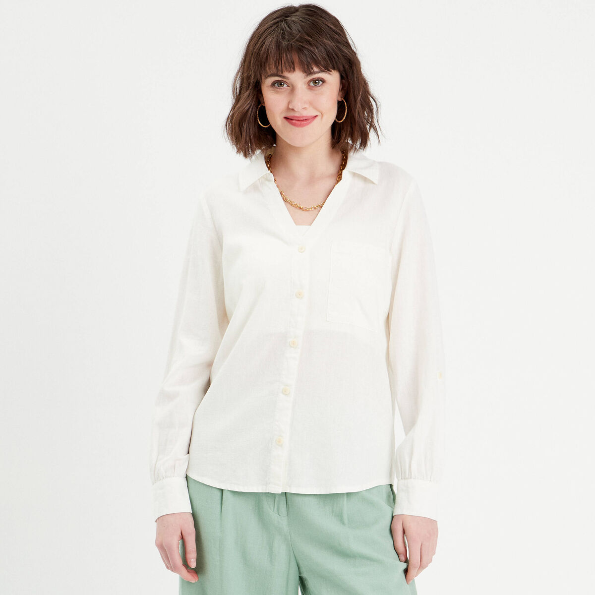Chemise manches longues contenant du lin ecru femme