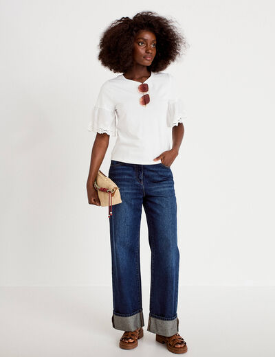 T-shirt broderie manches courtes ecru femme