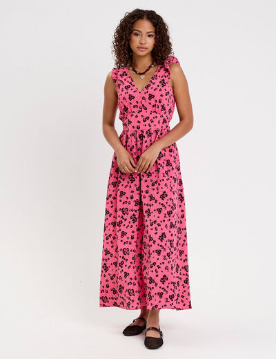 Robe longue évasée col v sans manches rose femme