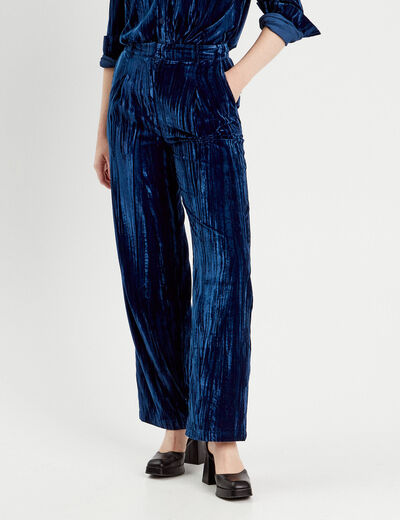 Pantalon large fluide velours bleu foncé femme