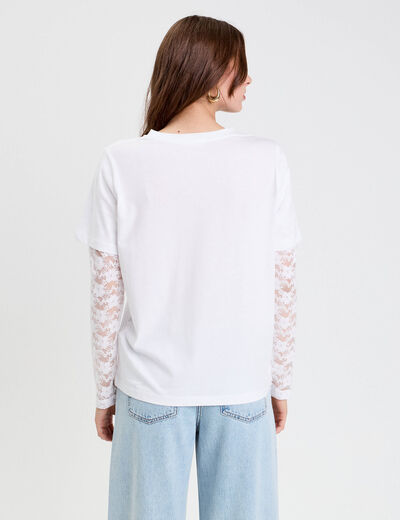T-shirt droit court col rond dentelle blanc femme