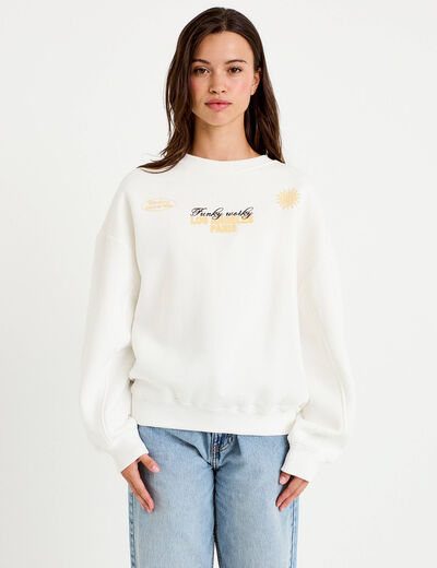 Sweat col rond manches longues ecru femme