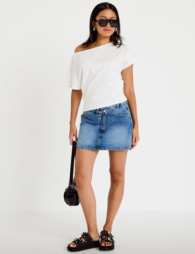 Jupe-short droite en jean denim double stone femme