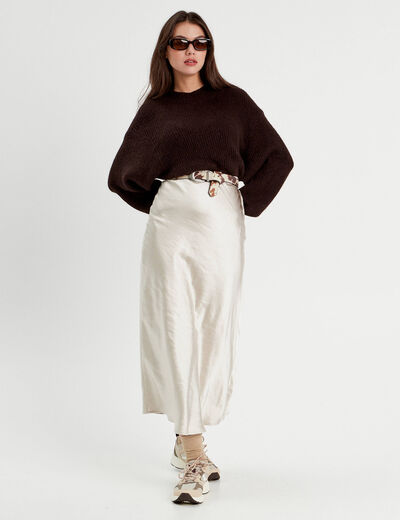 Jupe midi droite satin beige femme