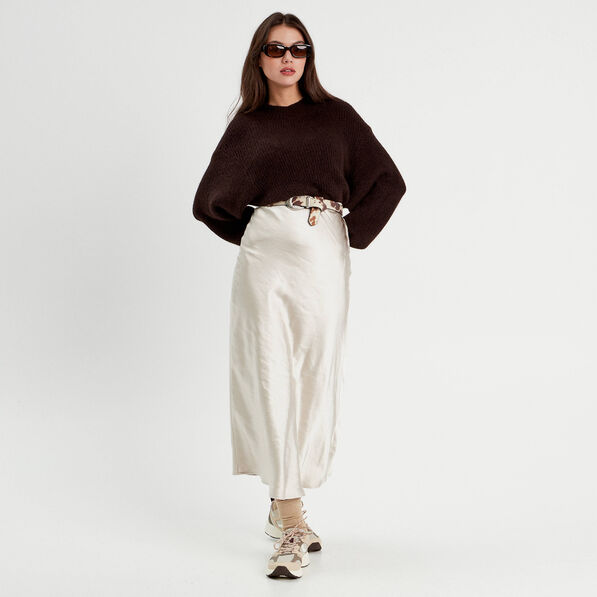 Jupe midi droite satin beige femme