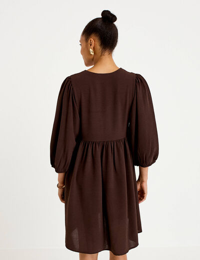 Robe droite courte col v manches 3/4 marron fonc&eacute; femme