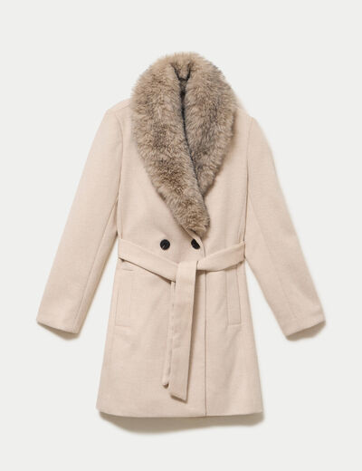 Manteau cintr&eacute; col ch&acirc;le manches longues beige femme