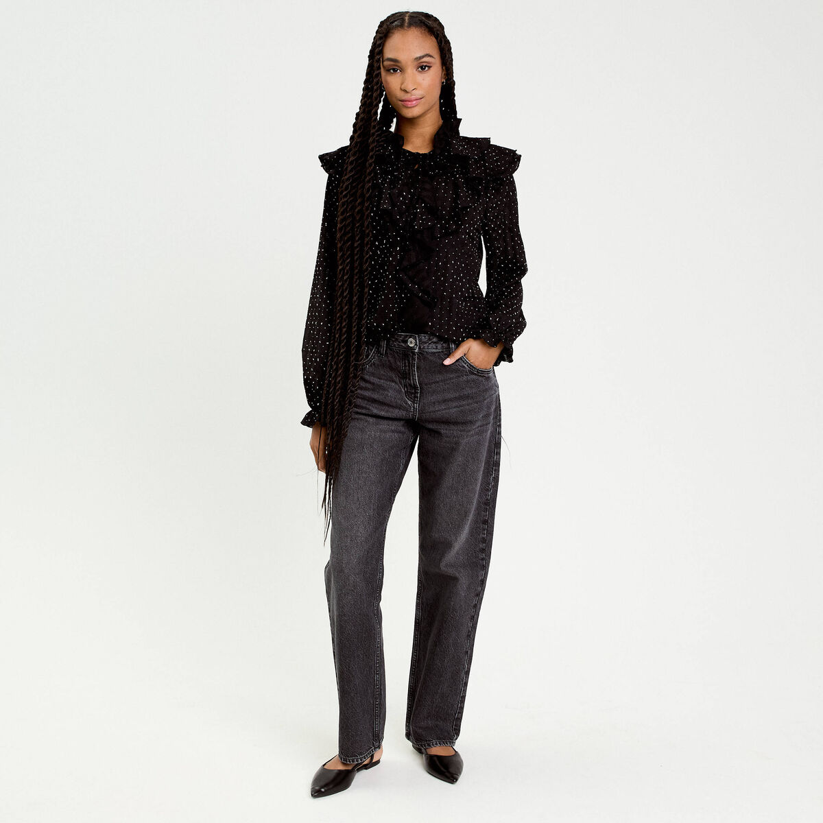 Blouse &agrave; volants noir femme