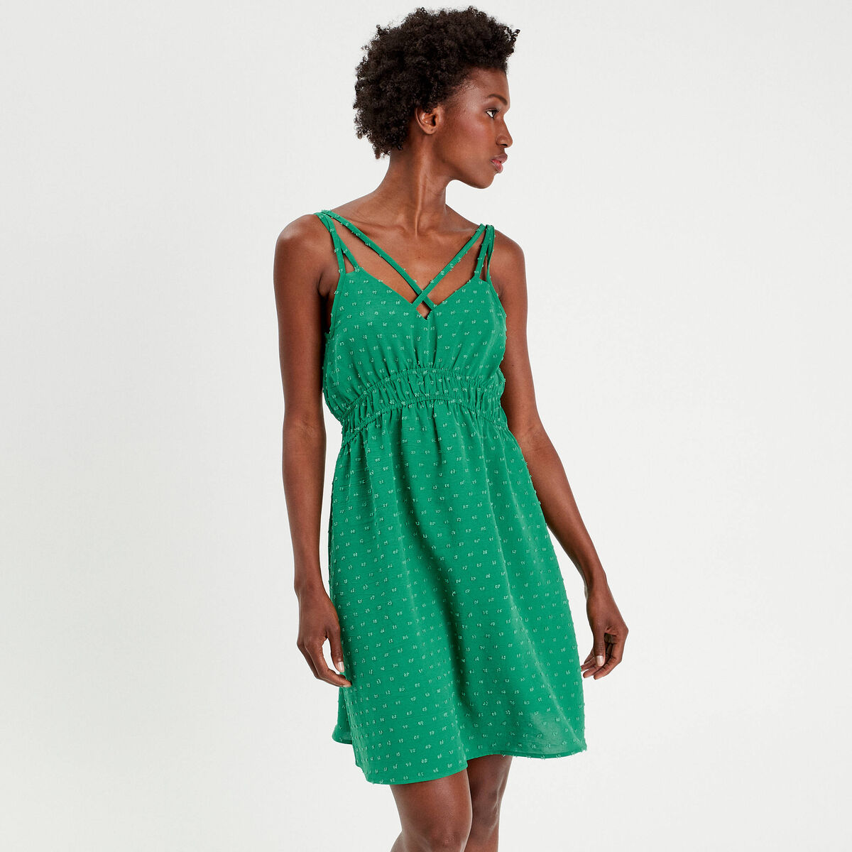 Robe évasée fluide plumetis vert femme