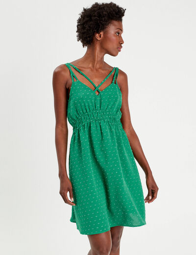 Robe évasée fluide plumetis vert femme