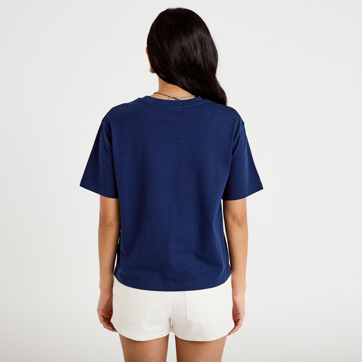 T-shirt col rond manches courtes bleu fonc&eacute; femme