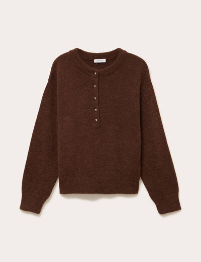 Pull col rond boutonn&eacute; marron femme