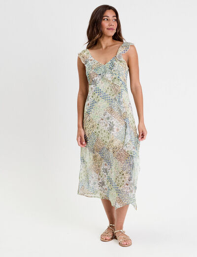 Robe longue évasée volants blanc femme