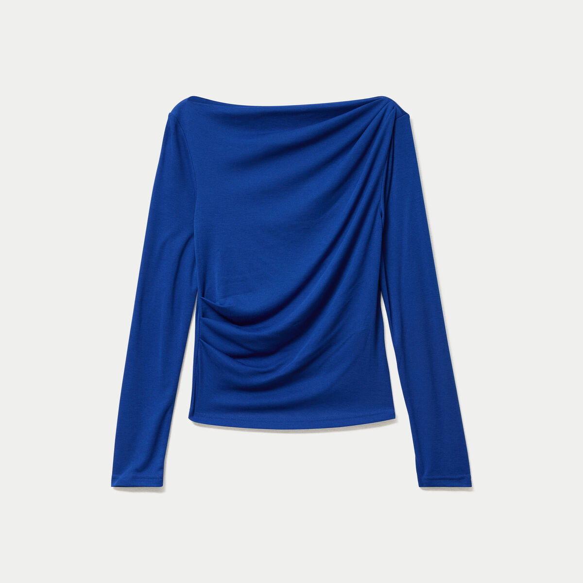 T-shirt col b&eacute;nitier manches longues bleu electrique femme