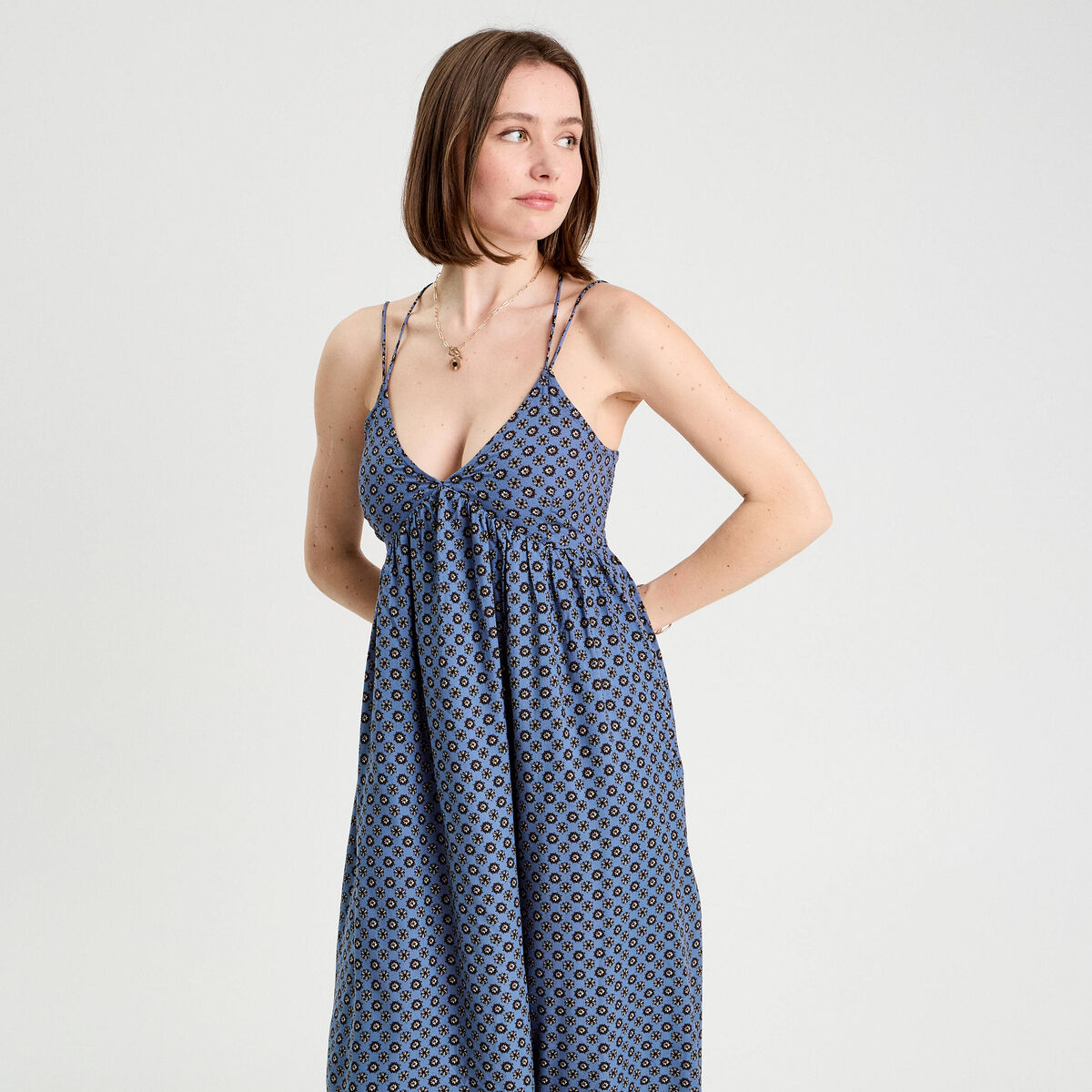 Robe longue &eacute;vas&eacute;e bretelles bleu p&eacute;trole femme