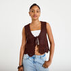 Gilet ajust&eacute; court sans manches col v marron fonc&eacute; femme