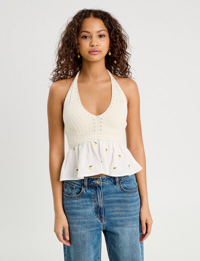Débardeur tricot brodé ecru femme