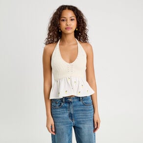 debardeur tricot brode ecru femme Débardeur tricot brodé ecru femme