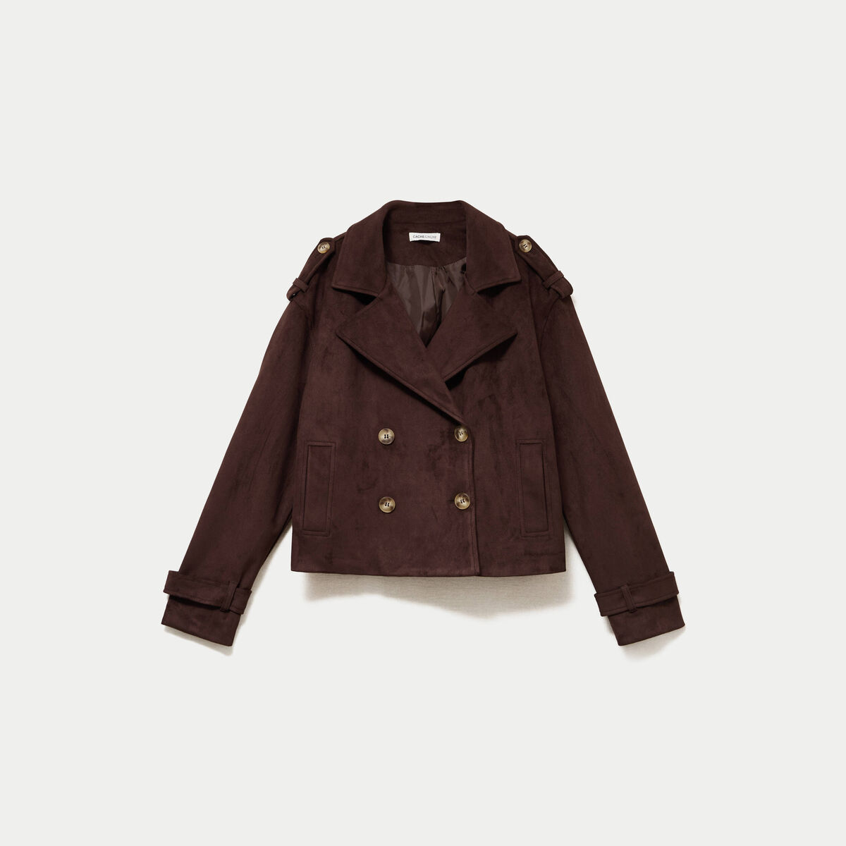 Trench droit manches longues aspect daim marron chocolat femme
