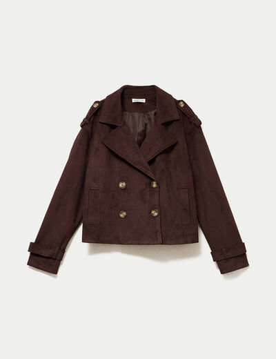 Trench droit manches longues aspect daim marron chocolat femme