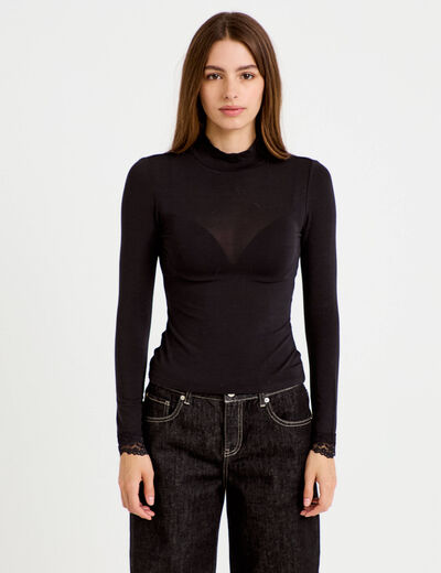 T-shirt ajust&eacute; col roul&eacute; dentelle noir femme