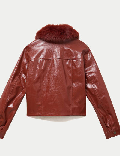 Veste droite cropped similicuir marron cognac femme