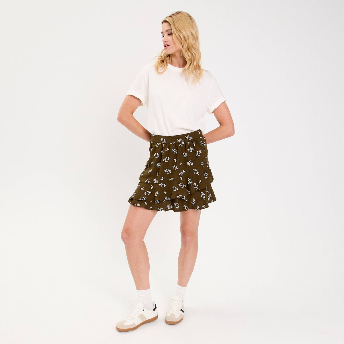 jupe courte &eacute;vas&eacute;e doublure recycl&eacute;e vert kaki femme