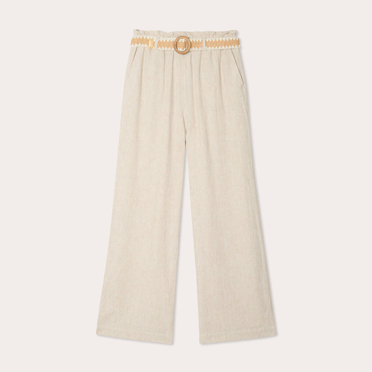 Pantalon large ceintur&eacute; contenant du lin beige femme