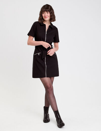 Robe droite zippée ceinturée noir femme