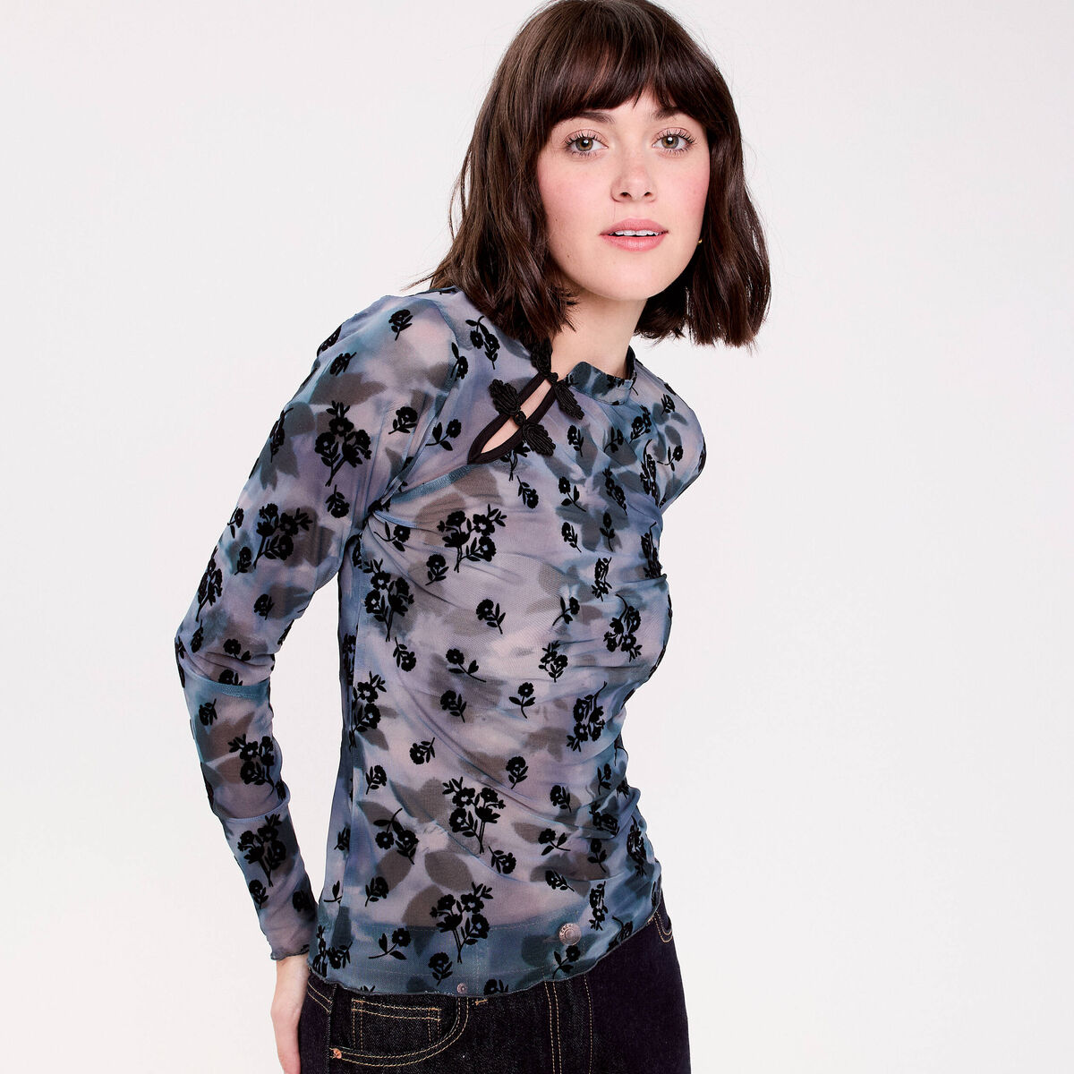 T-shirt col montant manches longues gris femme