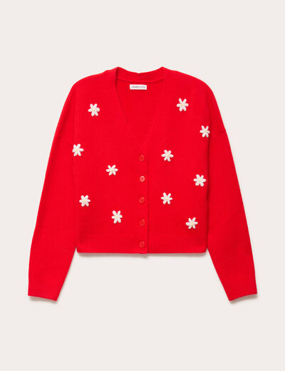 Gilet avec fleurs brod&eacute;es rouge femme