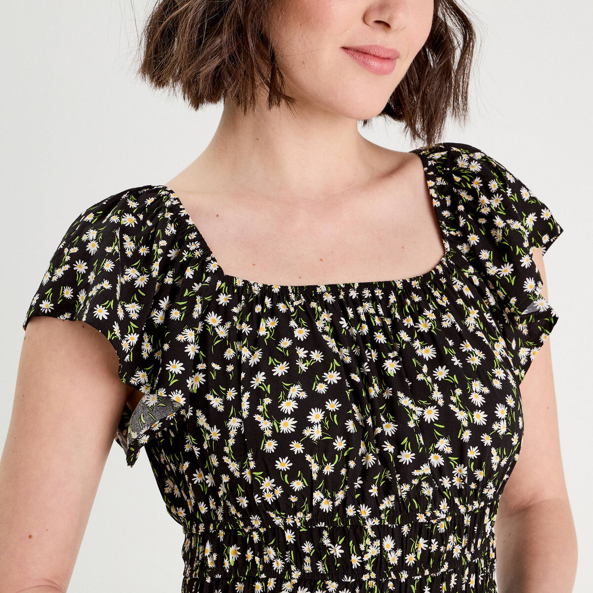 Robe évasée manches courtes noir femme