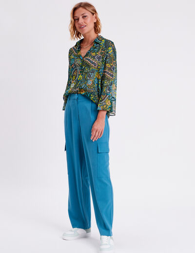 Pantalon city large cargo bleu pétrole femme