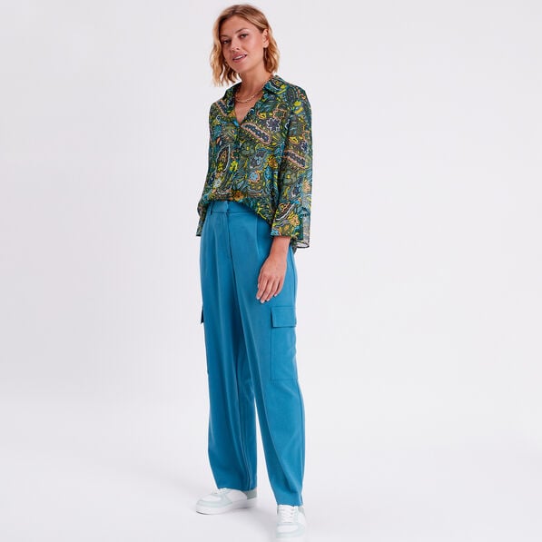 pantalon city large cargo bleu petrole femme Pantalon city large cargo bleu pétrole femme