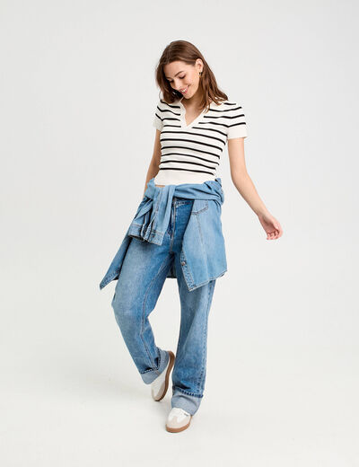 Pull manches courtes col polo blanc femme
