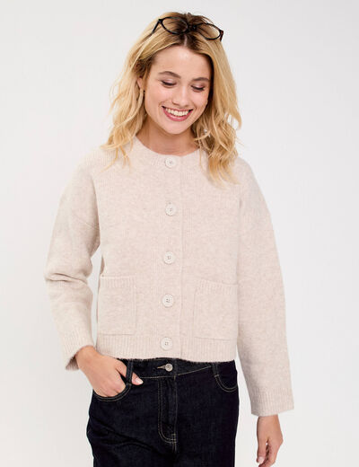 Gilet bouclette col rond manches longues beige femme