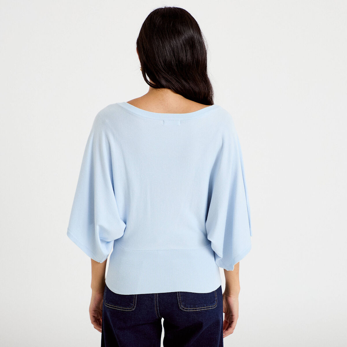 Pull ample manches courtes col rond bleu ciel femme