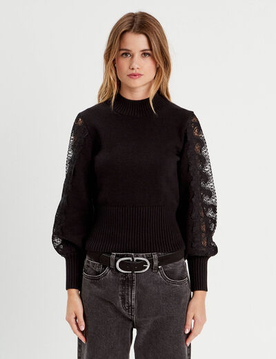 Pull manches longues dentelle noir femme
