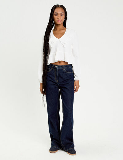 Blouse cropped grand col brod&eacute; ecru femme
