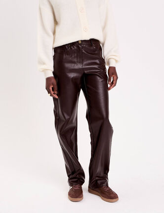 Pantalon large similicuir marron fonc&eacute; femme