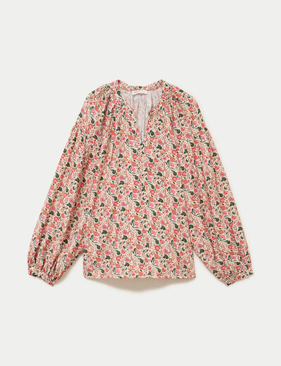 Blouse ample col v manches longues blanc femme