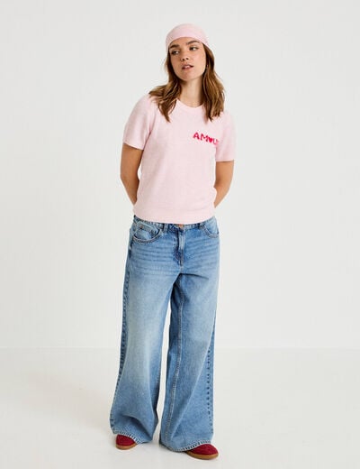 Pull ample manches courtes rose clair femme
