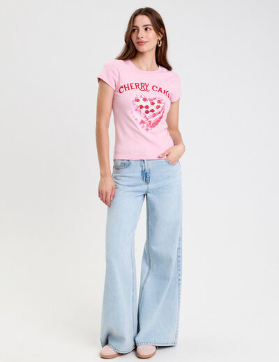 Top ajusté col rond manches courtes rose poudrée femme