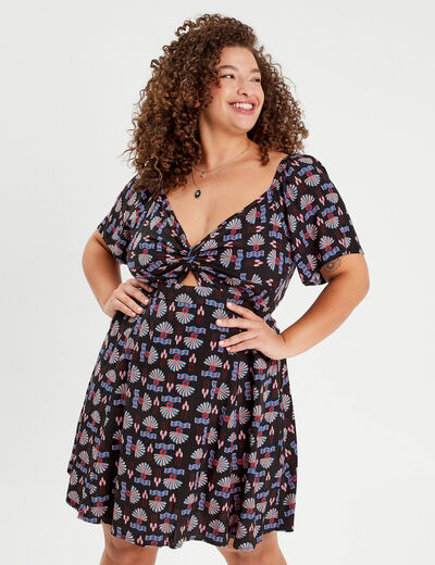 Robe évasée manches courtes noir femme