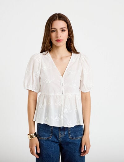 Blouse col v manches courtes brod&eacute;e ecru femme