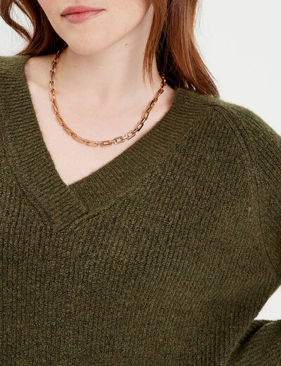 Pull avec col en V vert kaki femme