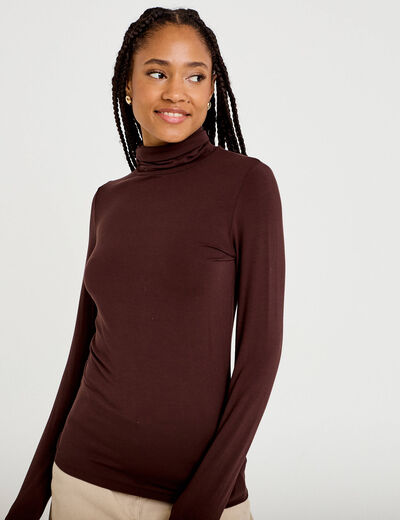 T-shirt uni &agrave; manches longues marron fonc&eacute; femme
